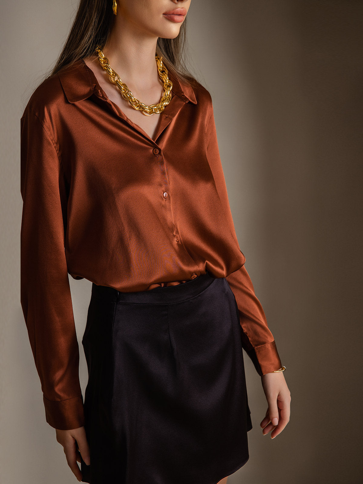 [قهوة] SilkSilky-SA الحرير Lapel Collar بلايز نسائية 001