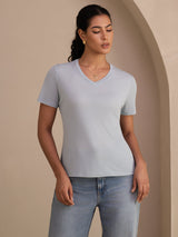 [أزرق رمادي] SilkSilky-SA Short Sleeve V Neck تي شيرت نسائية 001