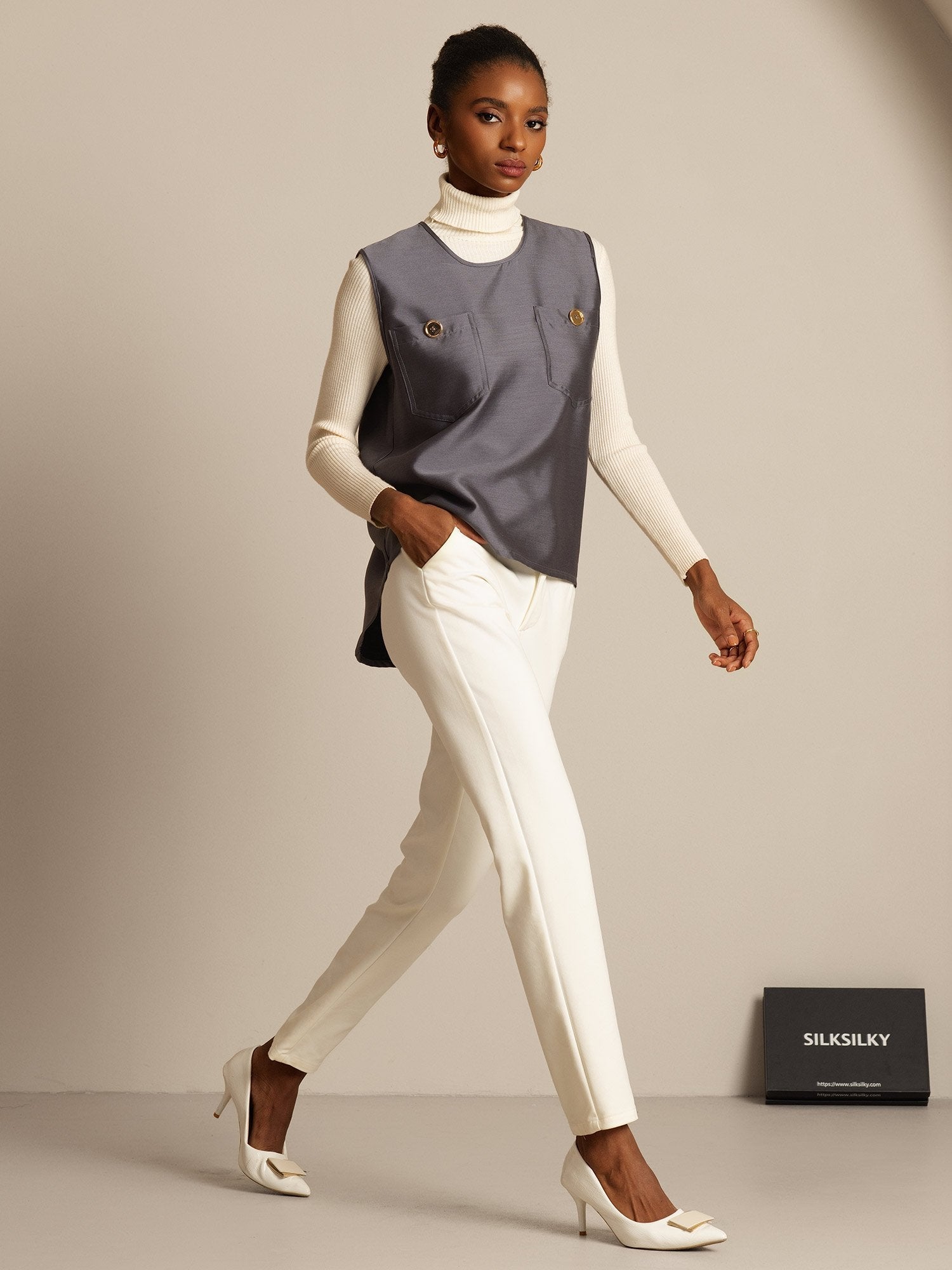 [رمادي] SilkSilky-SA 32Momme الحرير Womens Vest 005,