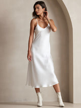 [أبيض] SilkSilky-SA Sleeveless V Neck فساتين نسائية 005