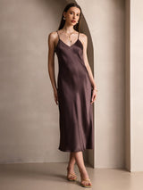 [قهوة] SilkSilky-SA Sleeveless V Neck فساتين نسائية 001