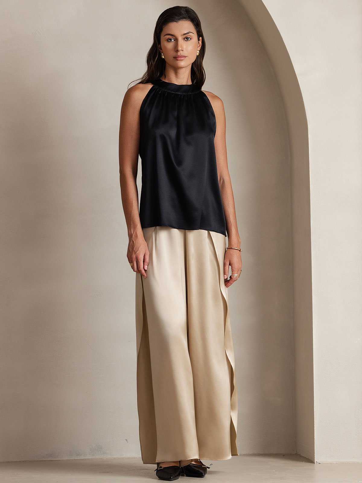 [أسود] SilkSilky-SA 19Momme الحرير Womens T-Shirt 001