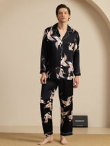[أسود] SilkSilky-SA Long Sleeve Lapel Collar بيجامة رجالية 001