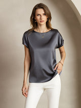 [الرمادي الداكن] SilkSilky-SA Short Sleeve Boat Neck تي شيرت نسائية 004