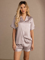 [رمادي الظل] SilkSilky-SA Short Sleeve Lapel Collar طقم بيجامة نسائي 001