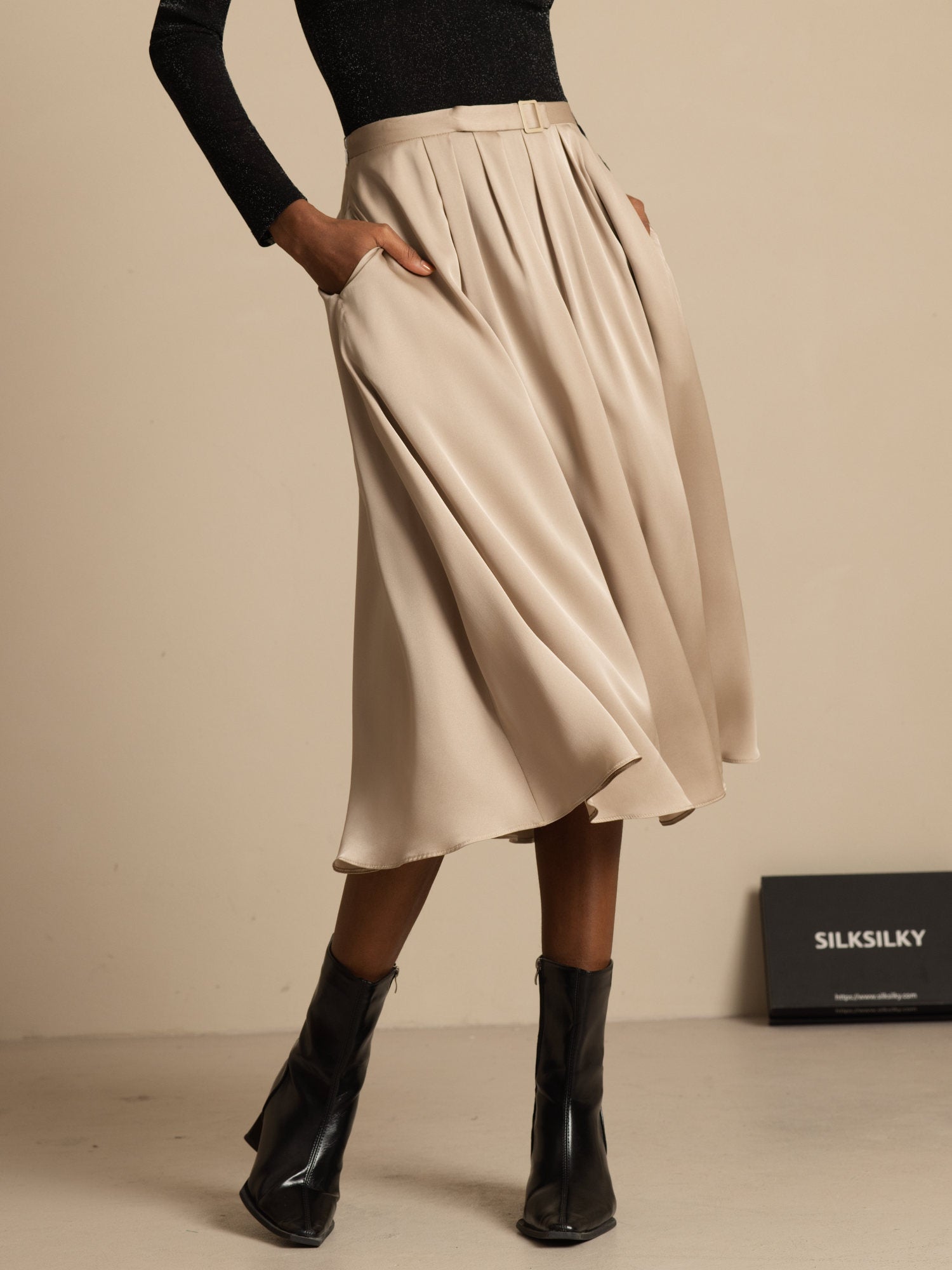 [تان (بني فاتح)] SilkSilky-SA 19Momme الحرير Skirt 003