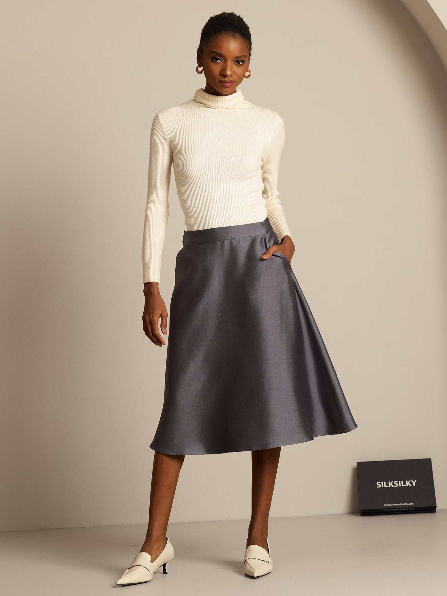 [رمادي] SilkSilky-SA 32Momme الحرير Skirt 006