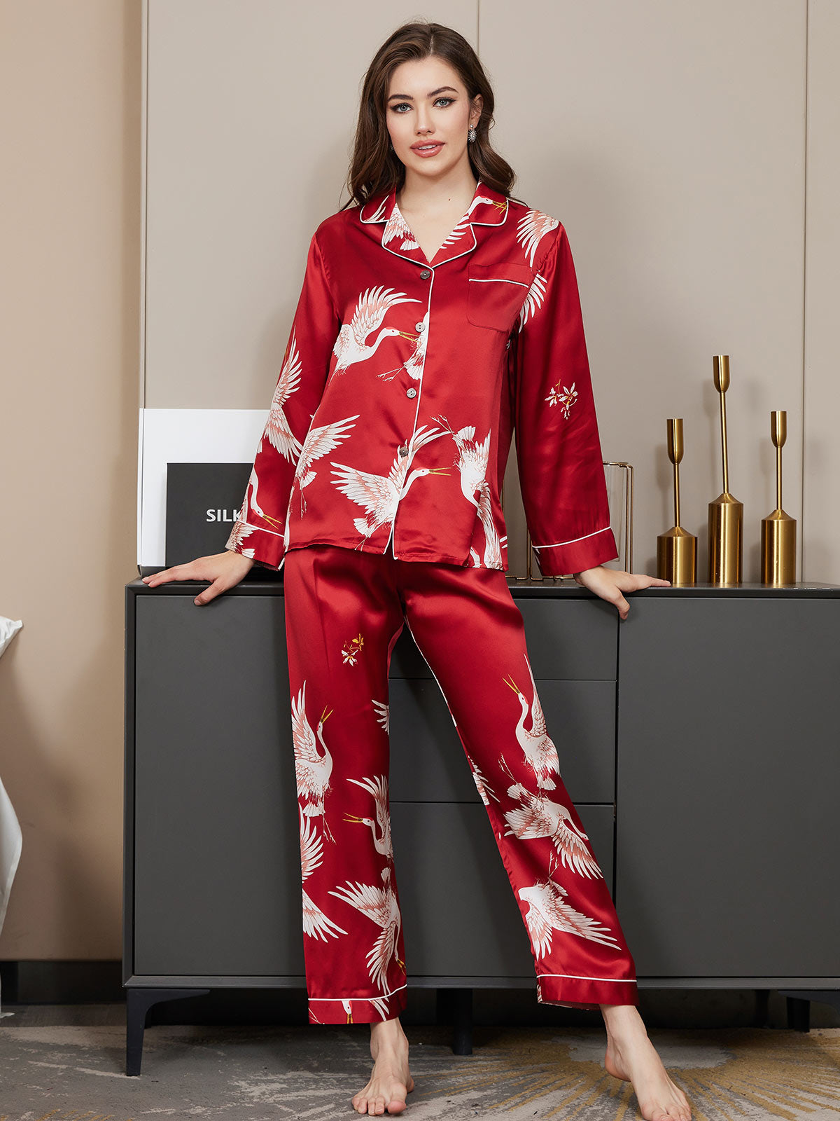 [احمر غامق] SilkSilky-SA 19Momme الحرير الخالص Womens Pajamas 003