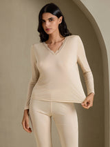 [اللون البيج] SilkSilky-SA Long Sleeve V Neck ملابس داخلية طويلة نسائية 003