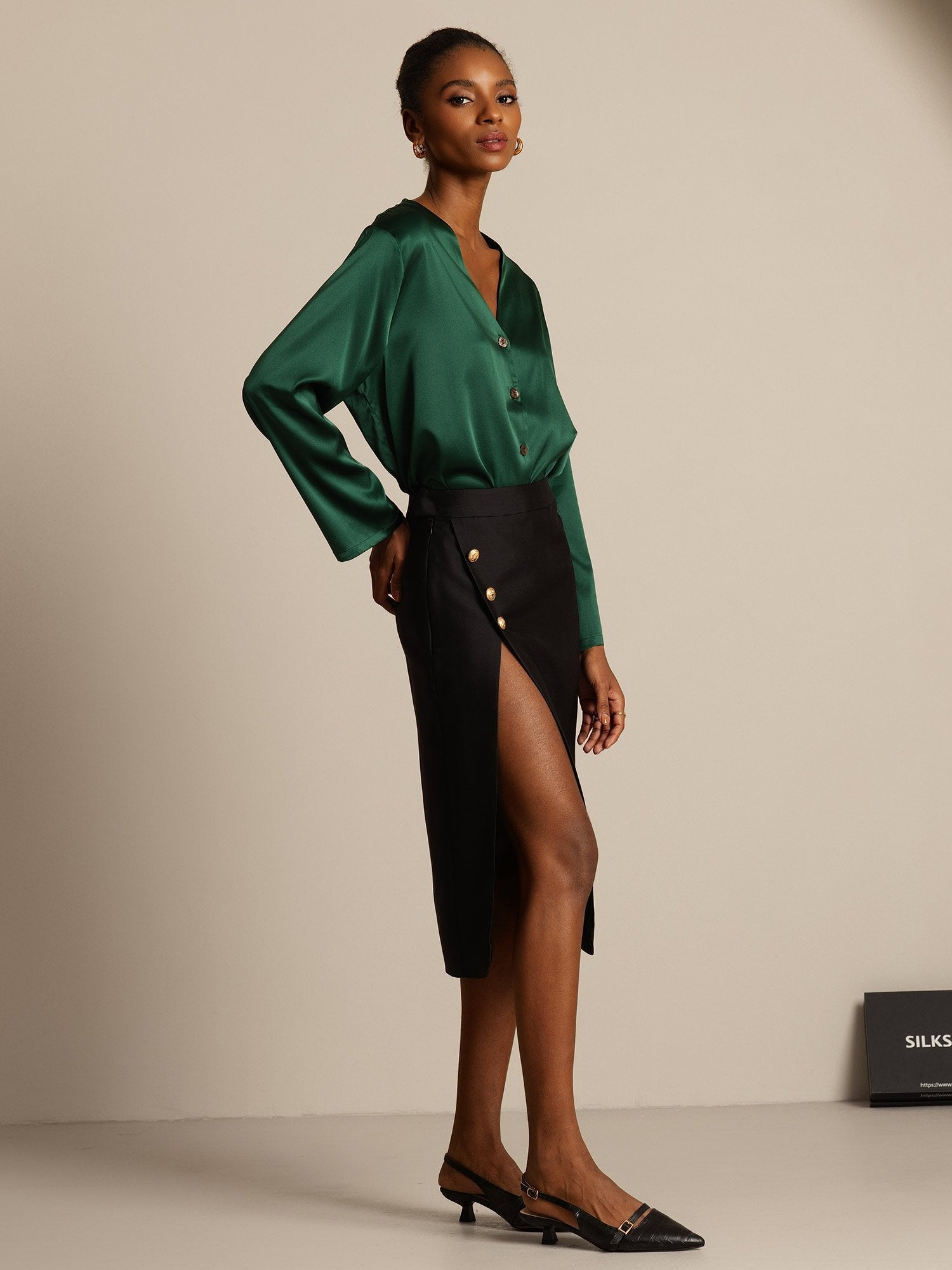 [أسود] SilkSilky-SA 32Momme الحرير Split تنانير نسائية 005,