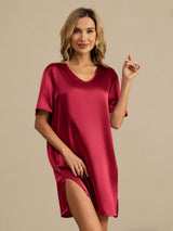 [احمر غامق] SilkSilky-SA Half Sleeve V Neck باس النوم 001