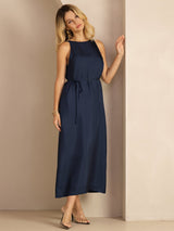[أزرق غامق] SilkSilky-SA Sleeveless Crew Neck فساتين نسائية 004