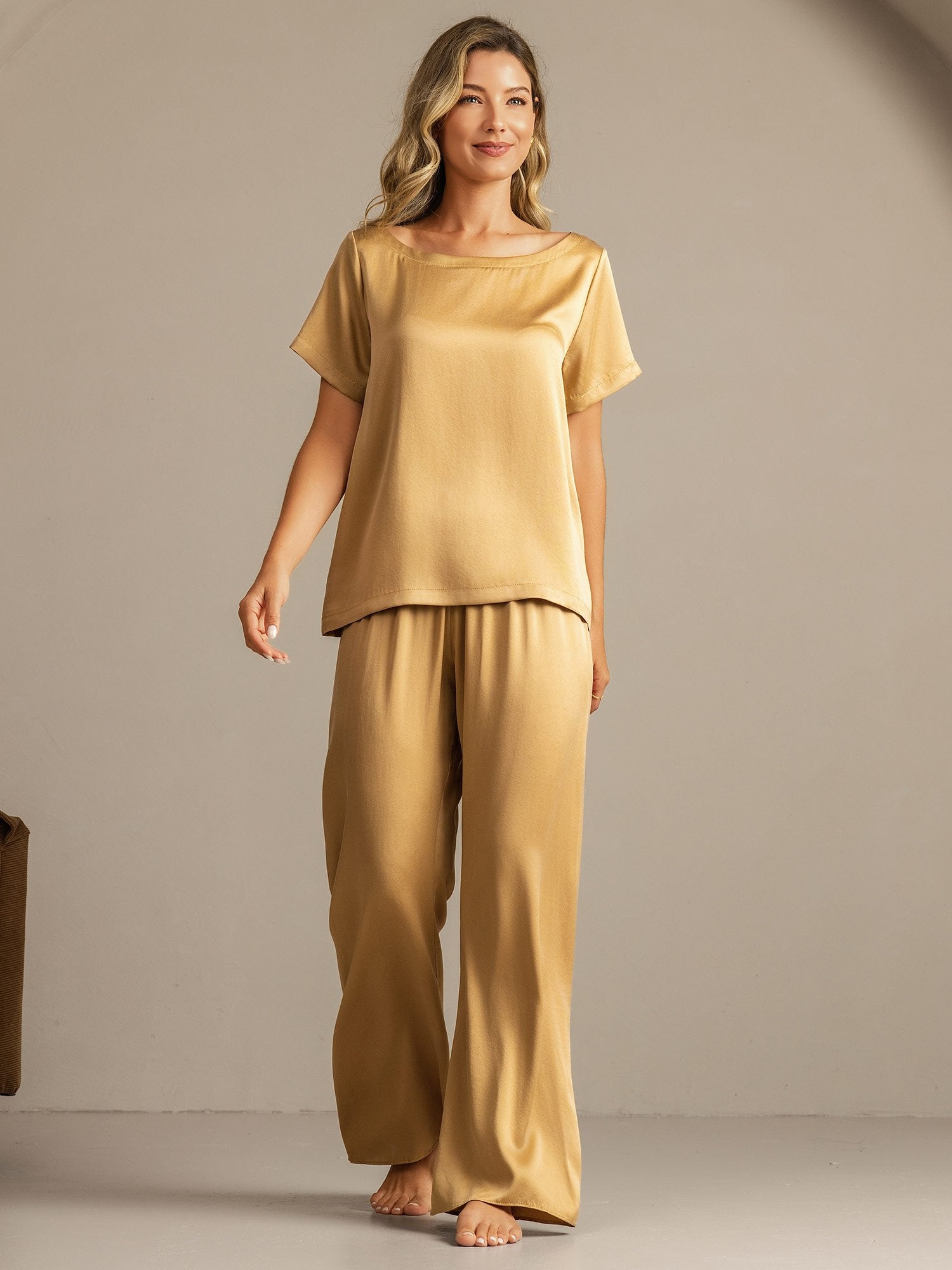 [تان(بنيفاتح)] SilkSilky-SA 19Momme الحرير Womens Pajamas 007
