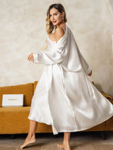 [أبيض] SilkSilky-SA Long Sleeve V Neck رداء الحمام وقميص النوم 002
