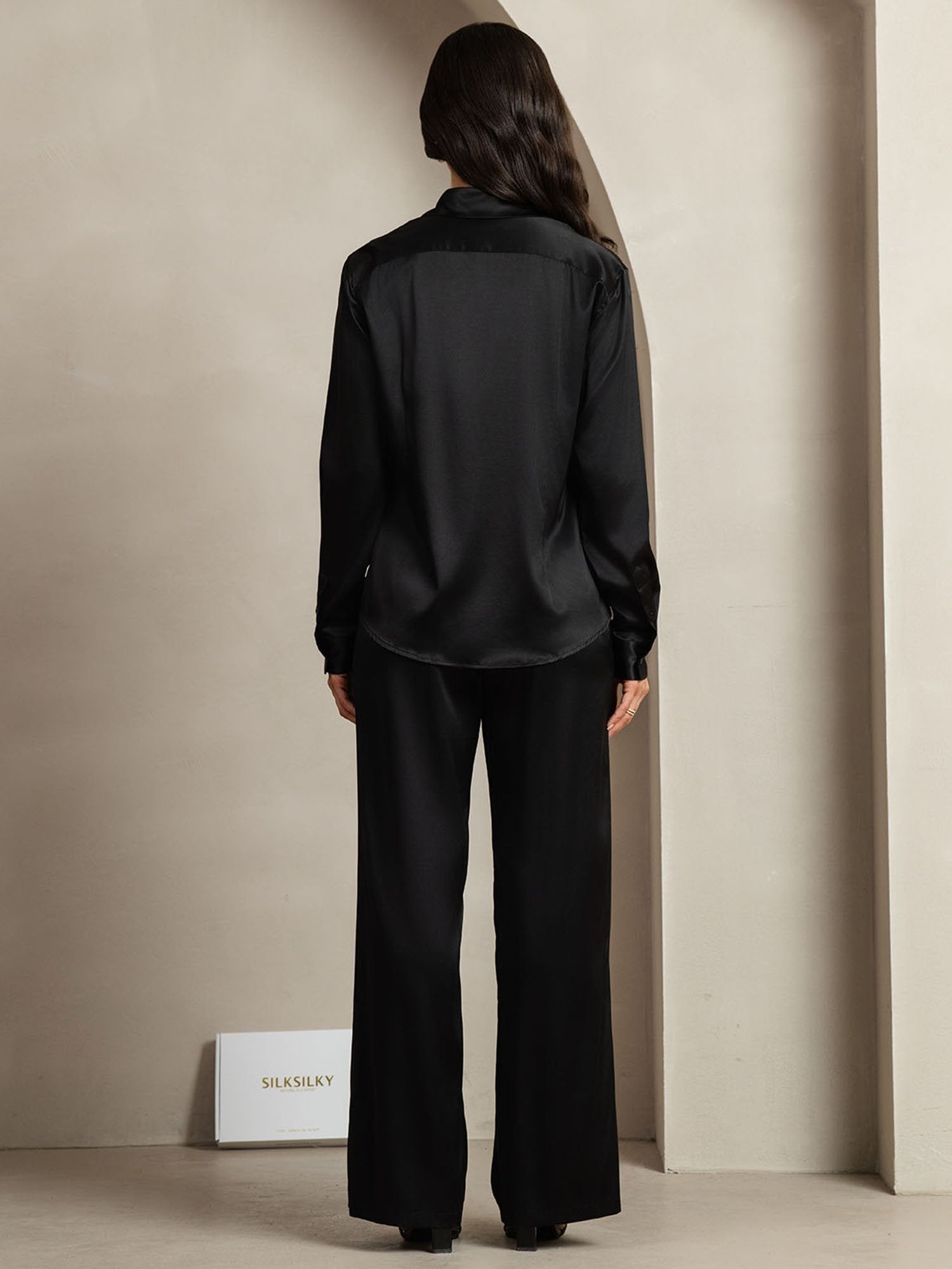 [أسود] SilkSilky-SA 19Momme الحرير Lapel Collar Women''s Outfit Sets 002,