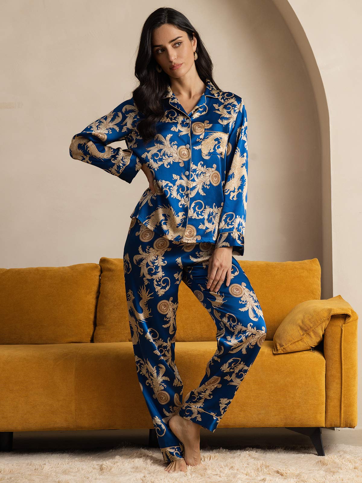 [تنين نيفي] SilkSilky-SA الحرير الخالص Womens Pajamas 006
