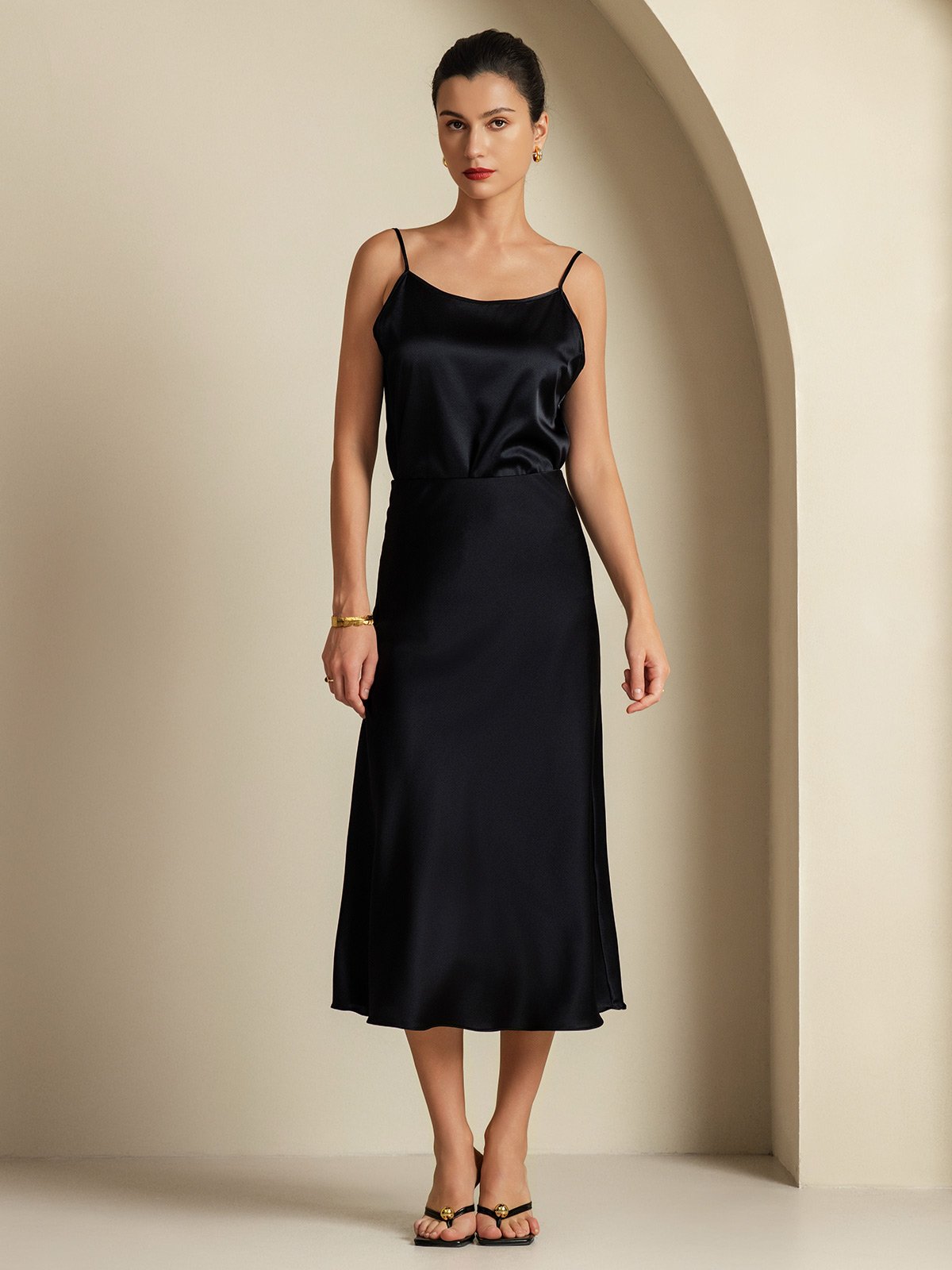 [أسود] SilkSilky-SA 19Momme الحرير الخالص Womens Outfit Sets 003,