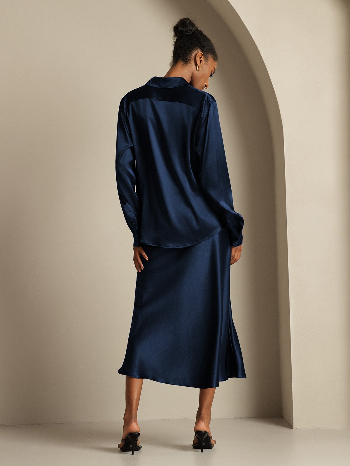 [أزرق غامق] SilkSilky-SA 19Momme الحرير Lapel Collar Women''s Outfit Sets 002,