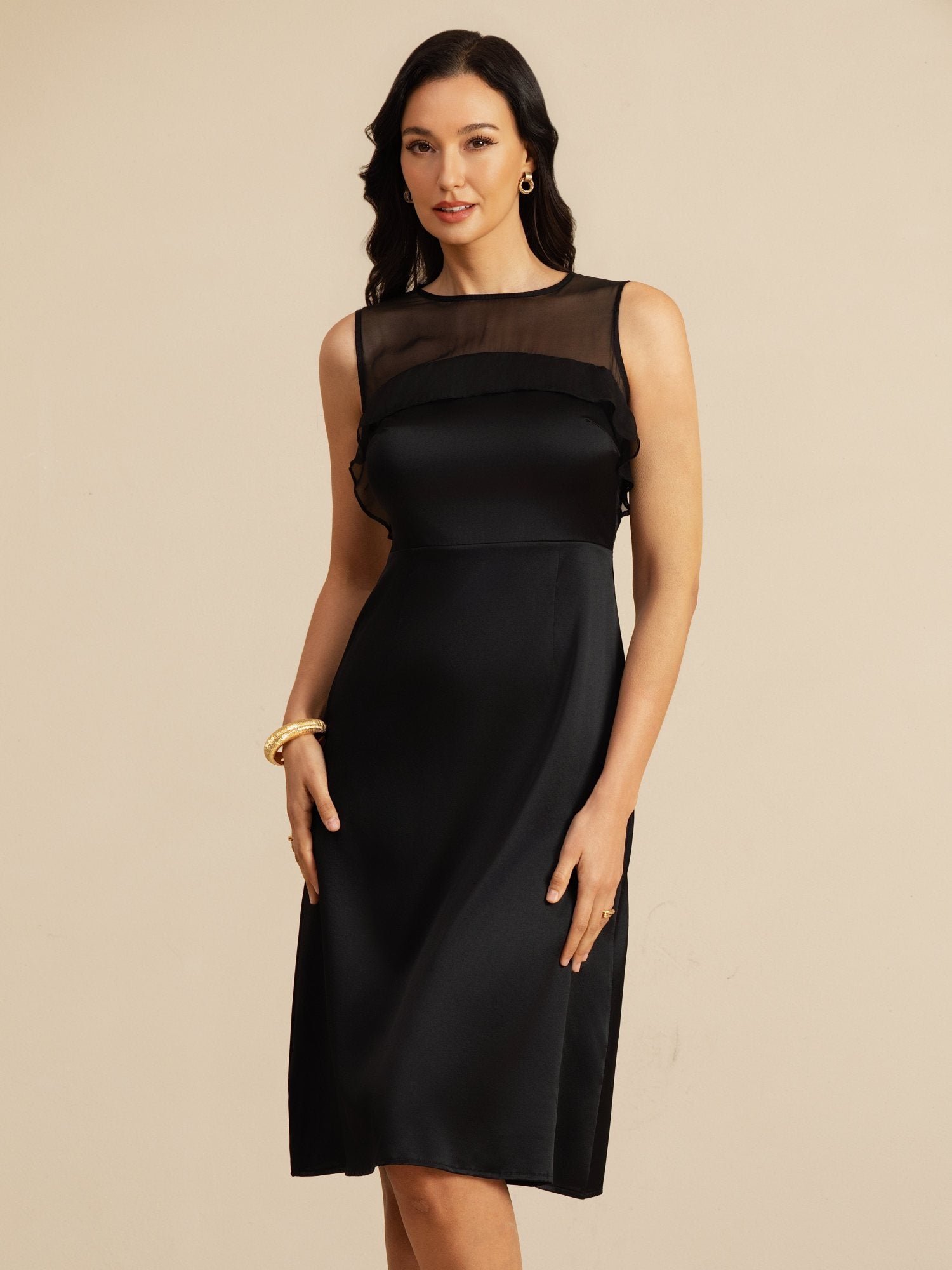 [أسود] SilkSilky-SA 19Momme Sleeveless Illusion Neck فساتين نسائية 001