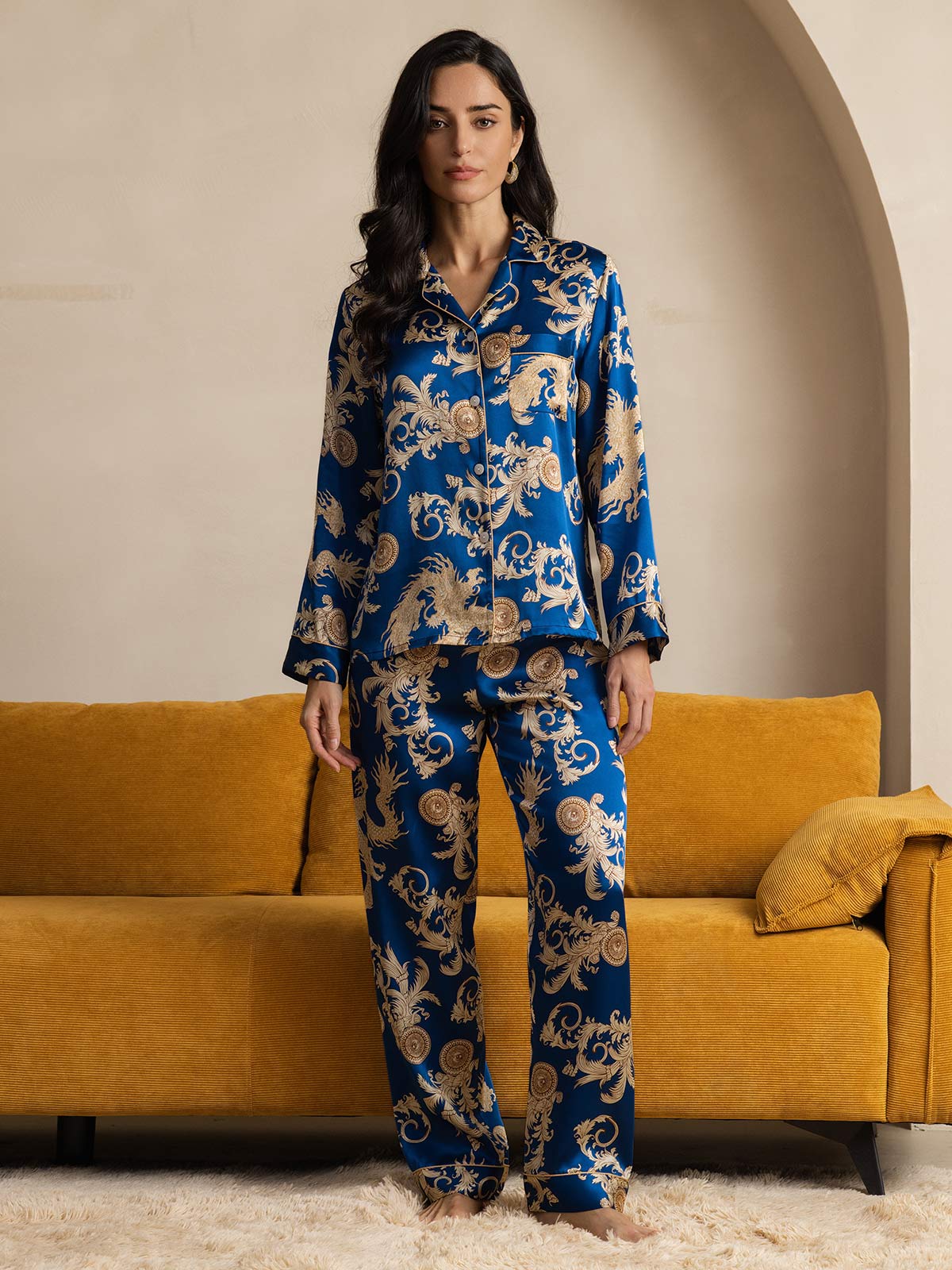 [تنين نيفي] SilkSilky-SA الحرير الخالص Womens Pajamas 007