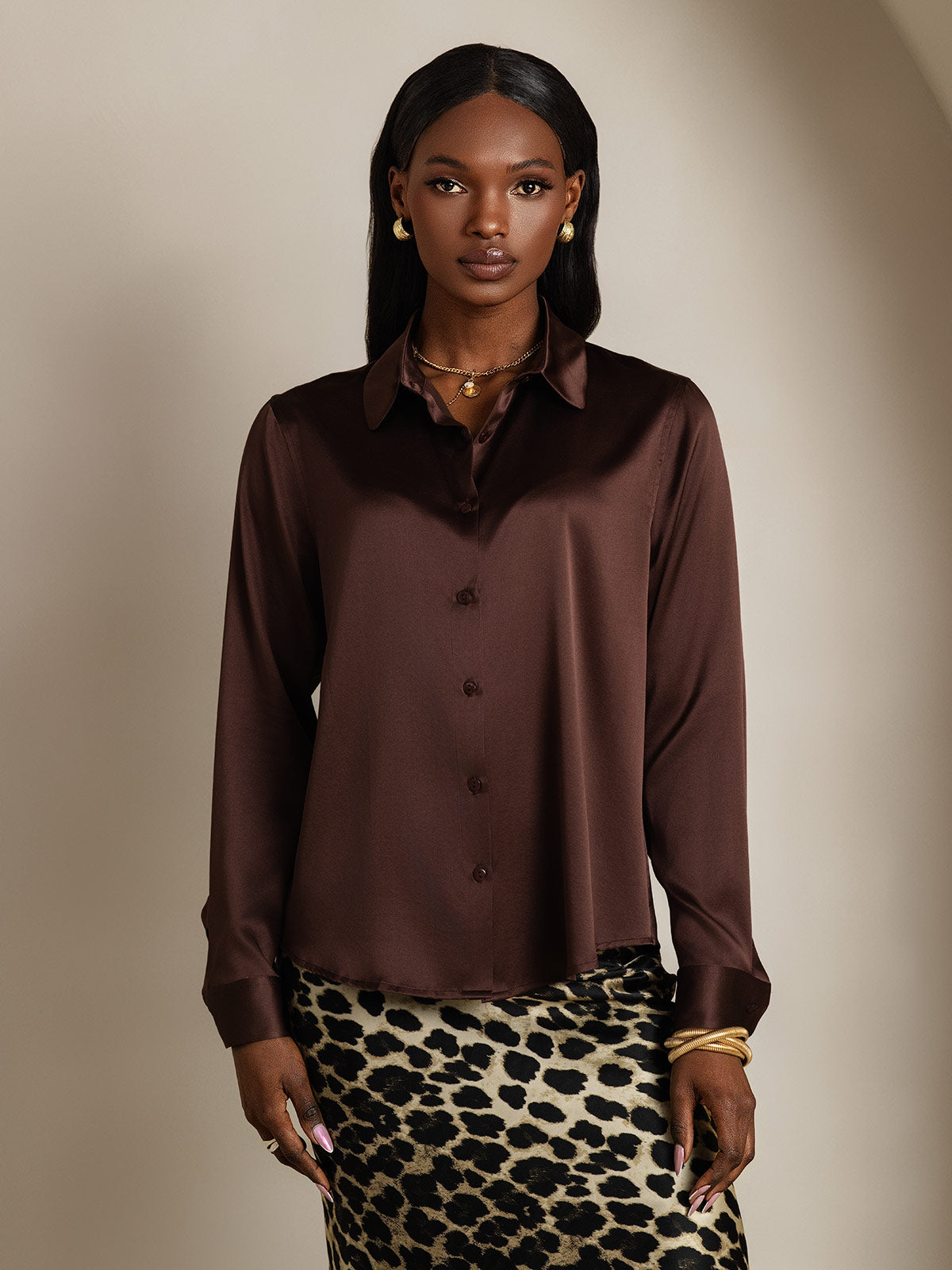 [شوكولاتة داكنة] SilkSilky-SA الحرير Lapel Collar بلايز نسائية 003