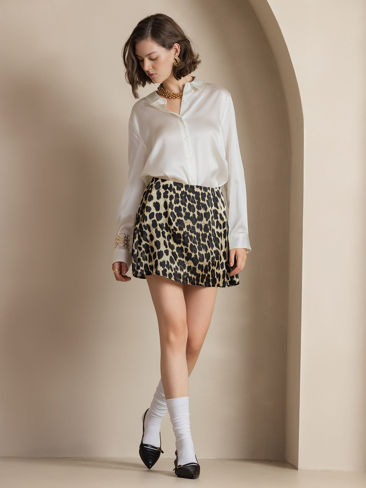 [أبيض] SilkSilky-SA الحرير الأكمام الطويلة Lapel Collar بلايز نسائية 007