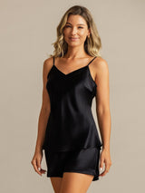[أسود] SilkSilky-SA Sleeveless V Neck مجموعة قميص قصير 004