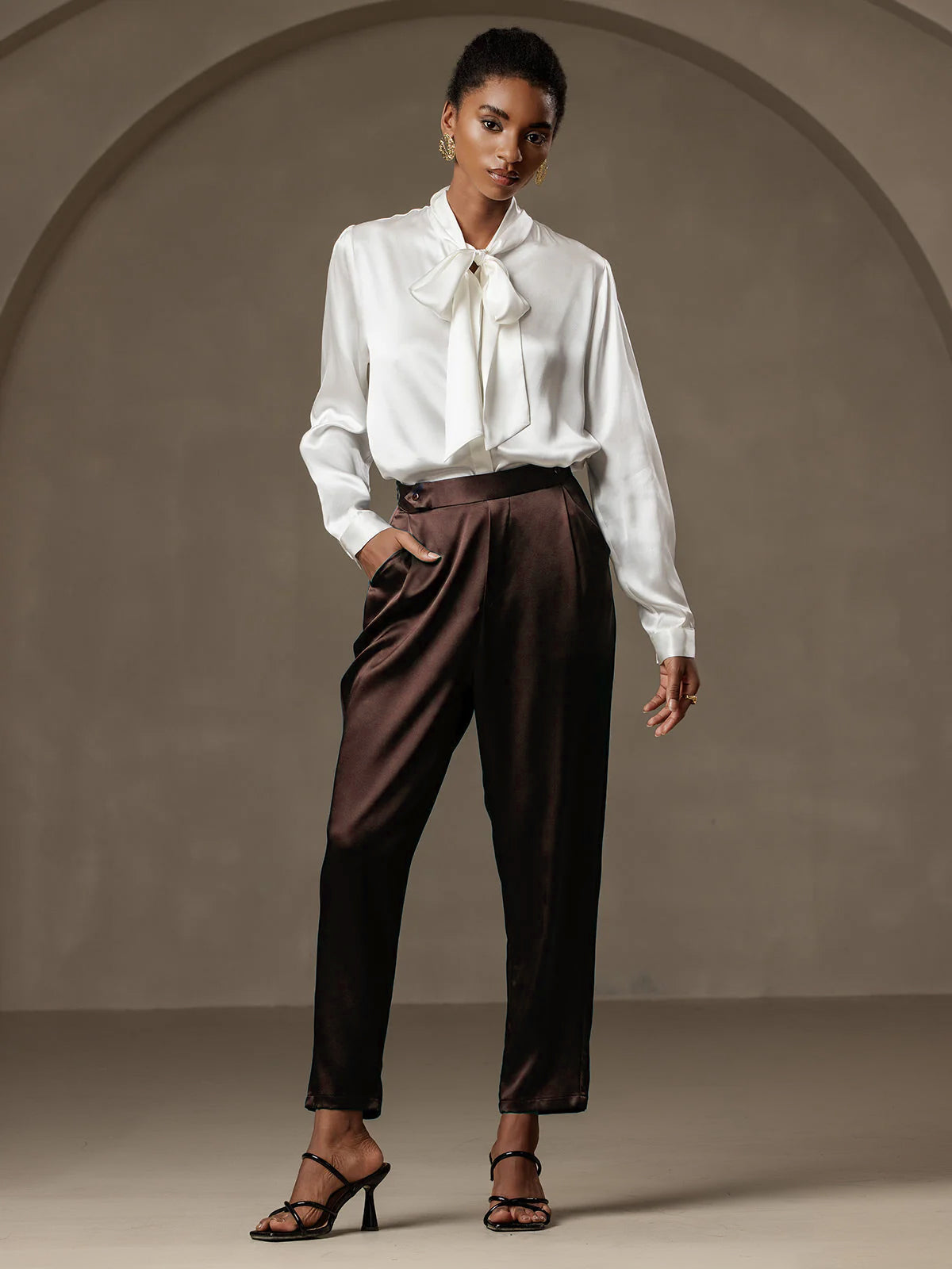 [شوكولاتة داكنة] SilkSilky-SA 19Momme الحرير Womens Pants 001