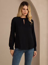 [أسود] SilkSilky-SA Long Sleeve Keyhole Neck بلوزات نسائية 001