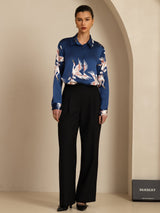 [أزرق غامق] SilkSilky-SA Long Sleeve Lapel Collar بلايز نسائية 007