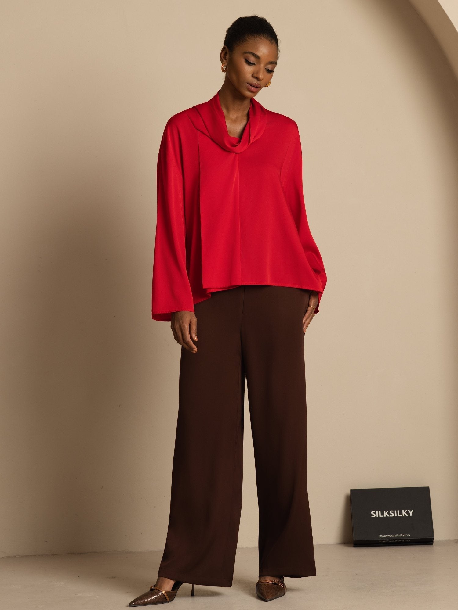 [خمر] SilkSilky-SA 19Momme الحرير الأكمام الطويلة رقبة على شكل حرف V بلوزة 008