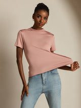 [لون القرنفل] SilkSilky-SA 100% Silk Jersey Short Sleeve ياقة نصف عالية تي شيرت نسائية 001