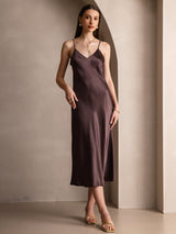 [قهوة] SilkSilky-SA Sleeveless V Neck فساتين نسائية 003