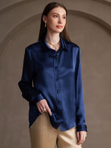 [أزرق غامق] SilkSilky-SA Long Sleeve Lapel Collar بلايز نسائية 003