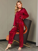 [خمر] SilkSilky-SA Long Sleeve Lapel Collar طقم بيجامة نسائي 006