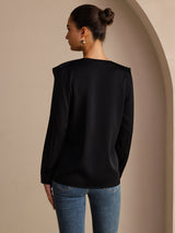 [أسود] SilkSilky-SA Long Sleeve Deep V Neck بلوزات نسائية 002