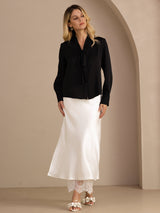 [أسود] SilkSilky-SA Long Sleeve Tie Neck بلوزات نسائية 006