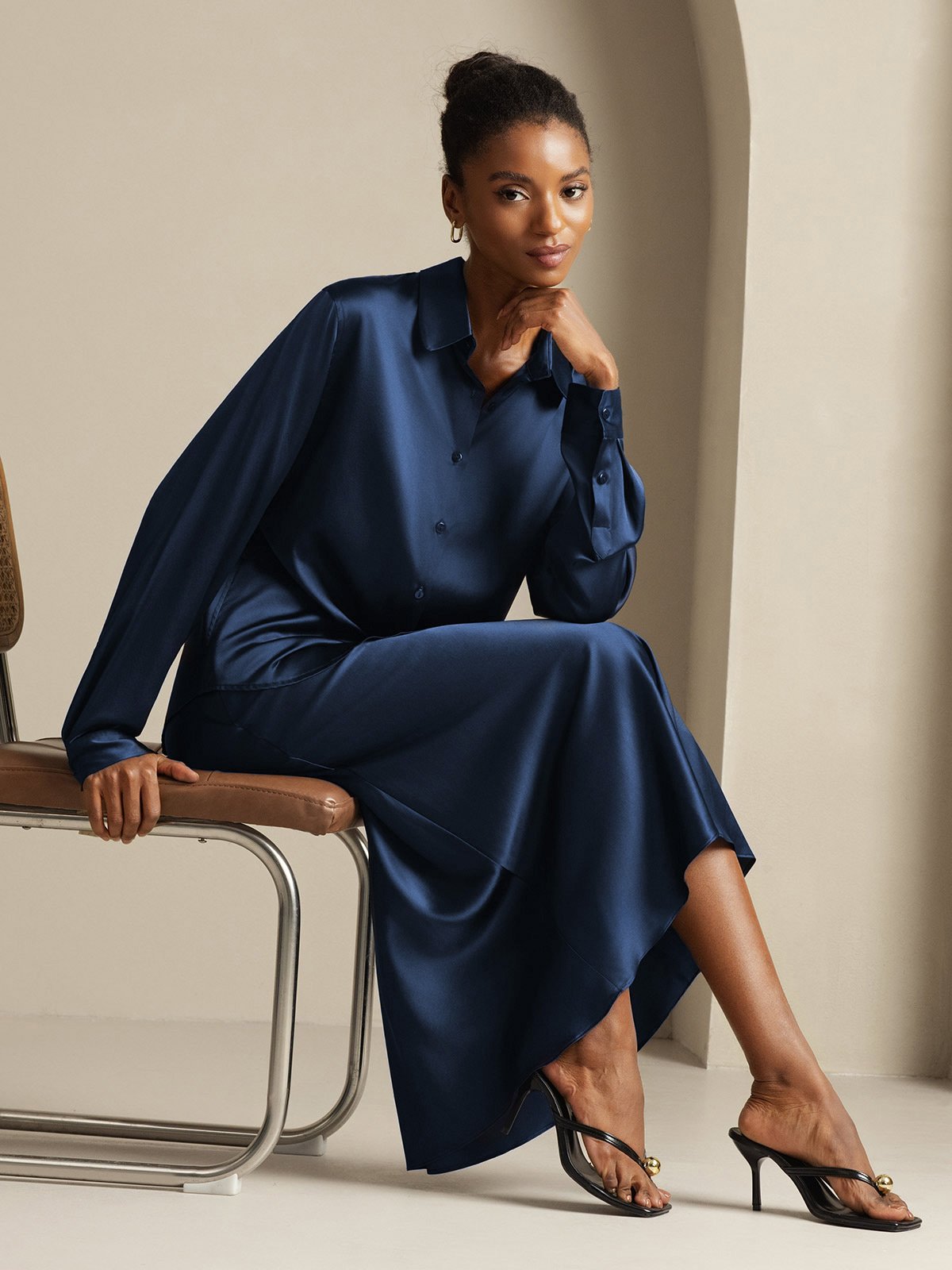 [أزرق غامق] SilkSilky-SA 19Momme الحرير Lapel Collar Women''s Outfit Sets 008,