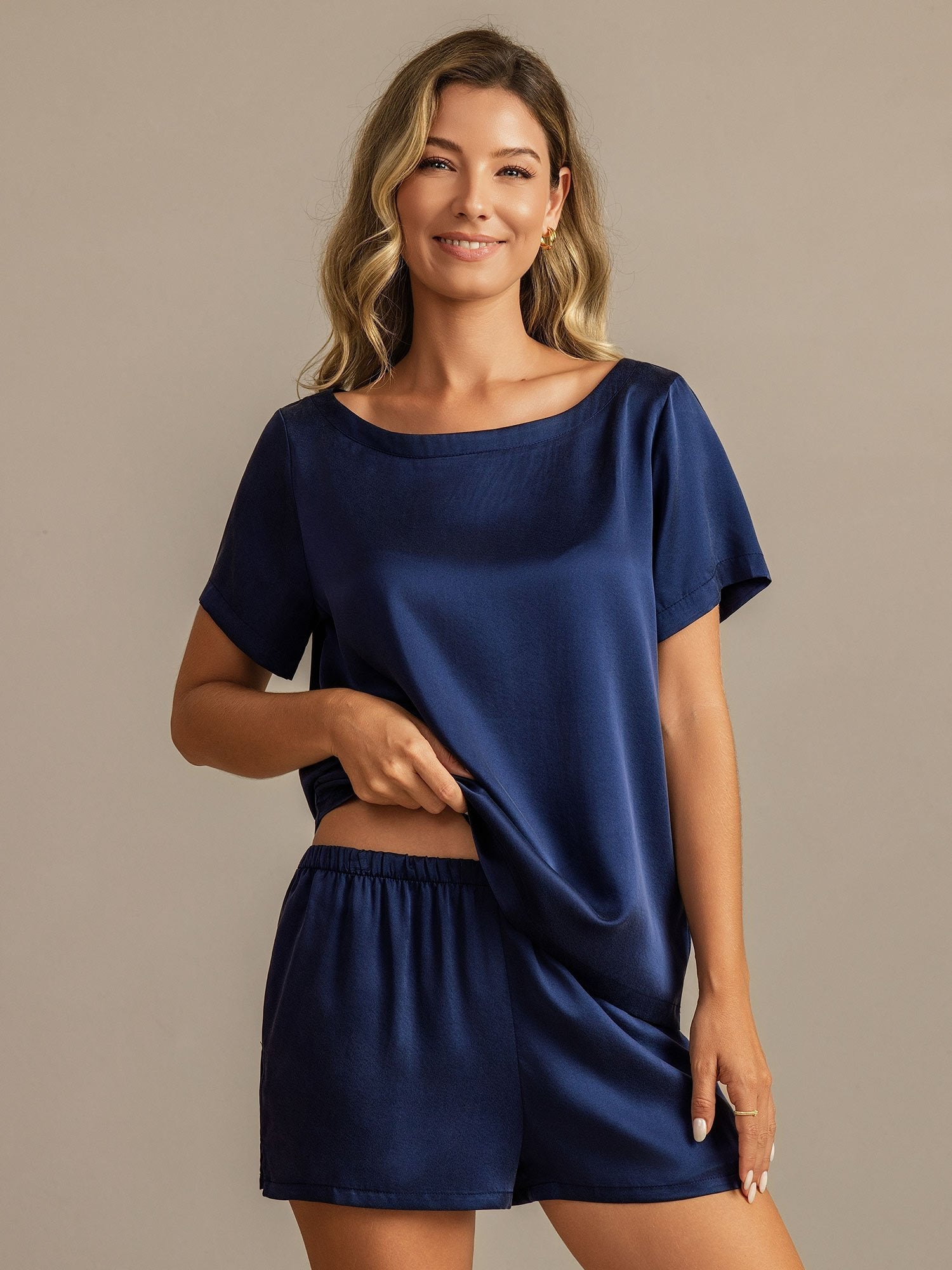 [أزرقغامق] SilkSilky-SA 19Momme الحرير رقبة مستديرة طقم بيجامة نسائي 005