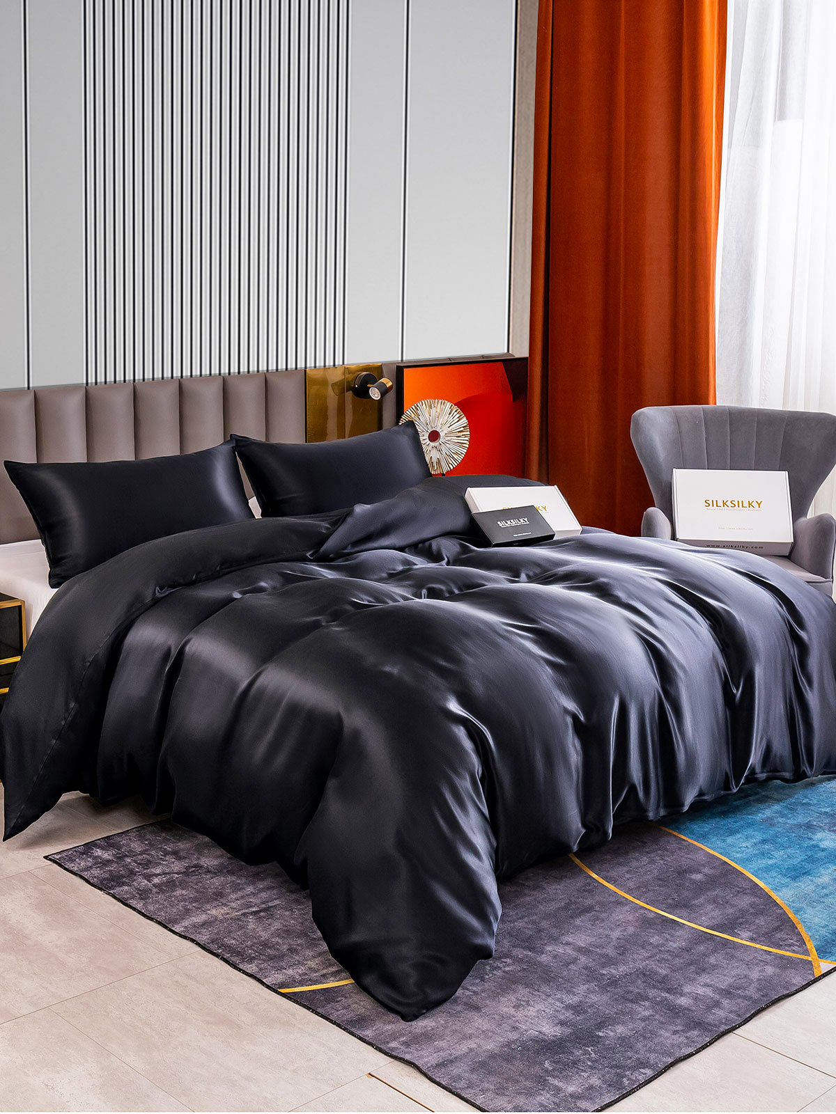 [أسود] SilkSilky-SA 22Momme الحرير الخالص Bedding Set 002