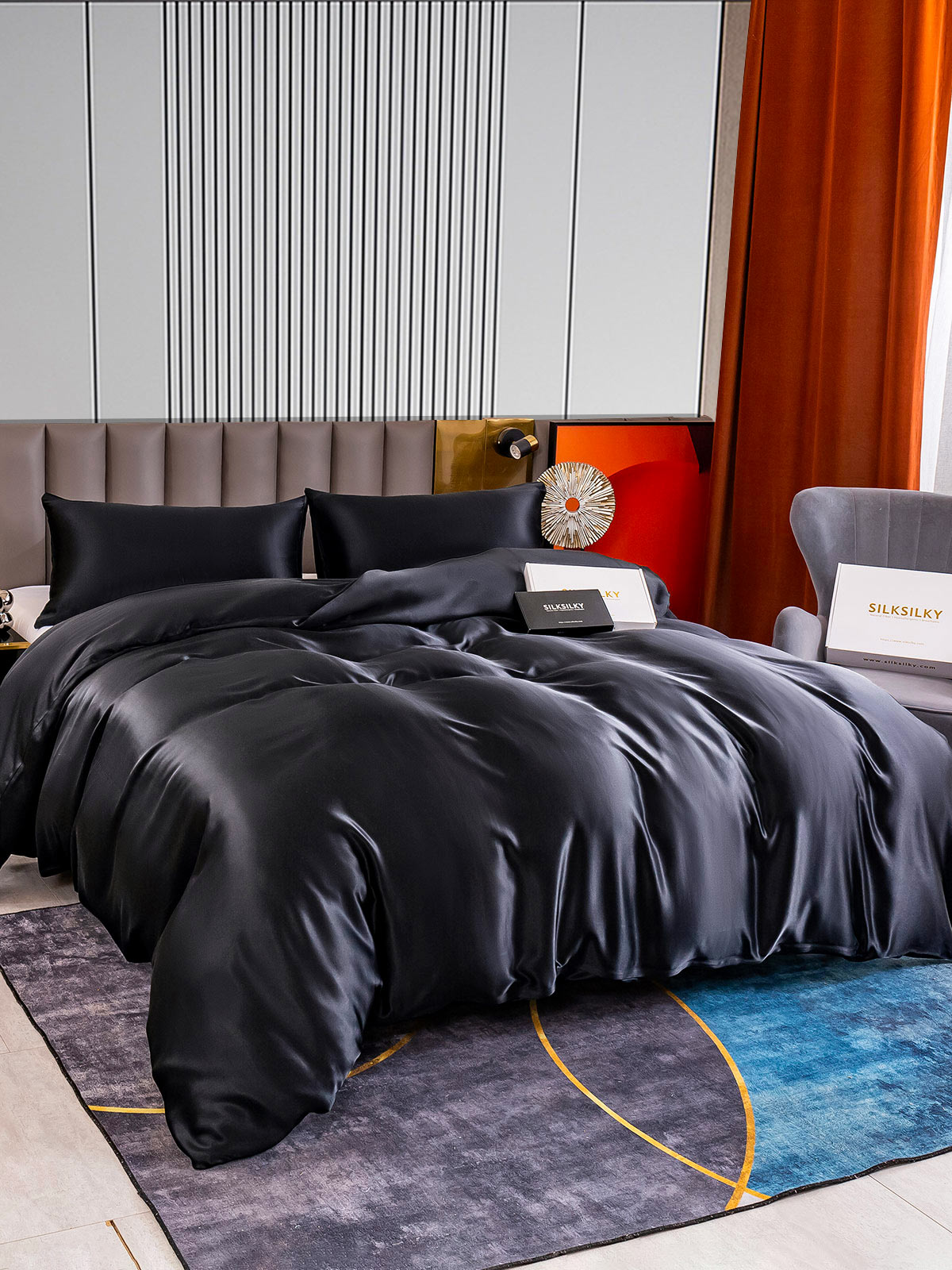[أسود] SilkSilky-SA 22Momme الحرير الخالص Bedding Set 003
