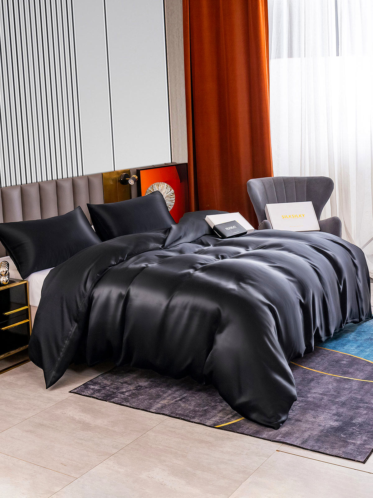[أسود] SilkSilky-SA 22Momme الحرير الخالص Bedding Set 004