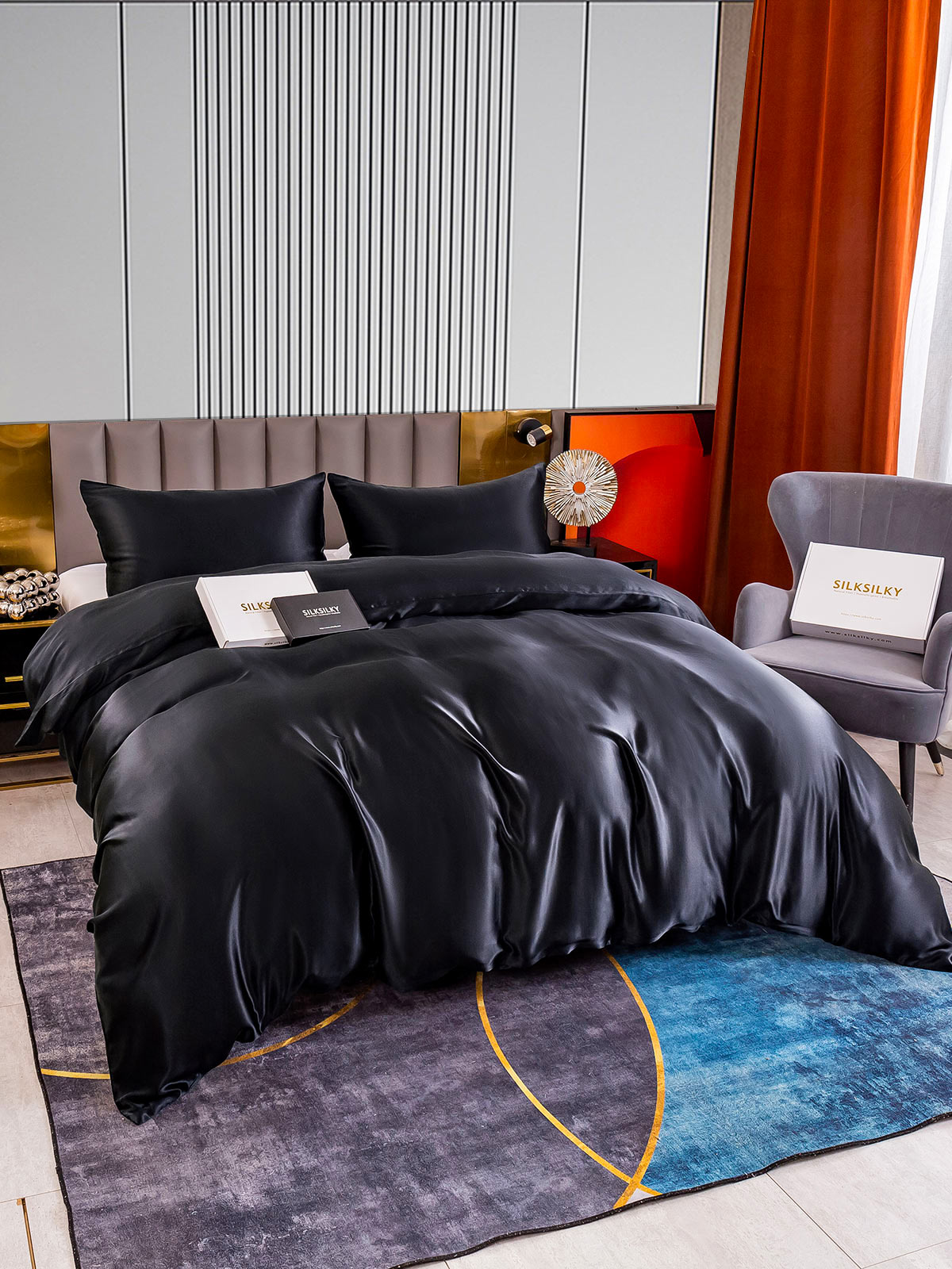 [أسود] SilkSilky-SA 22Momme الحرير الخالص Bedding Set 005