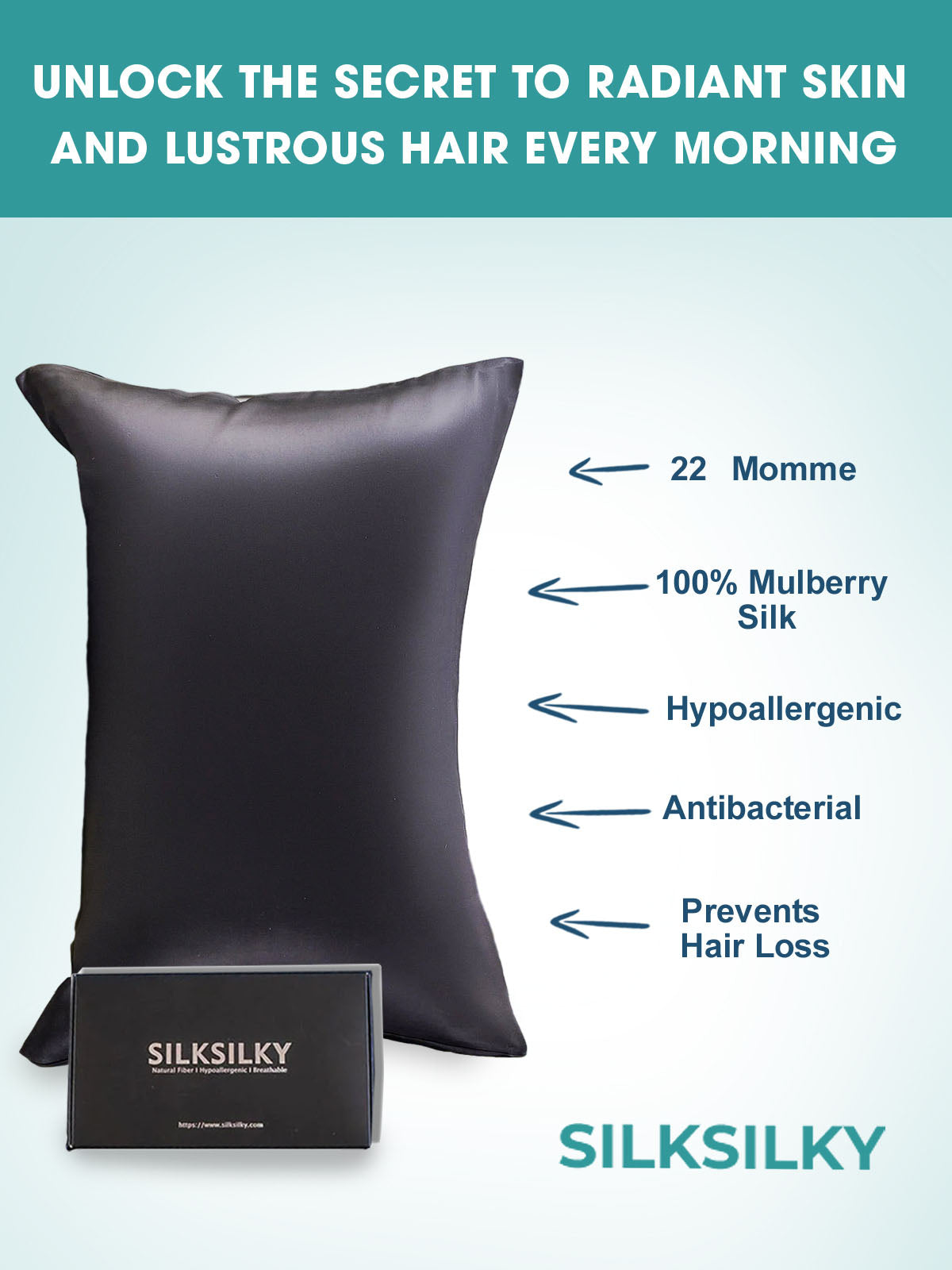 [أسود] SilkSilky-SA 22Momme الحرير الخالص Pillowcase 003
