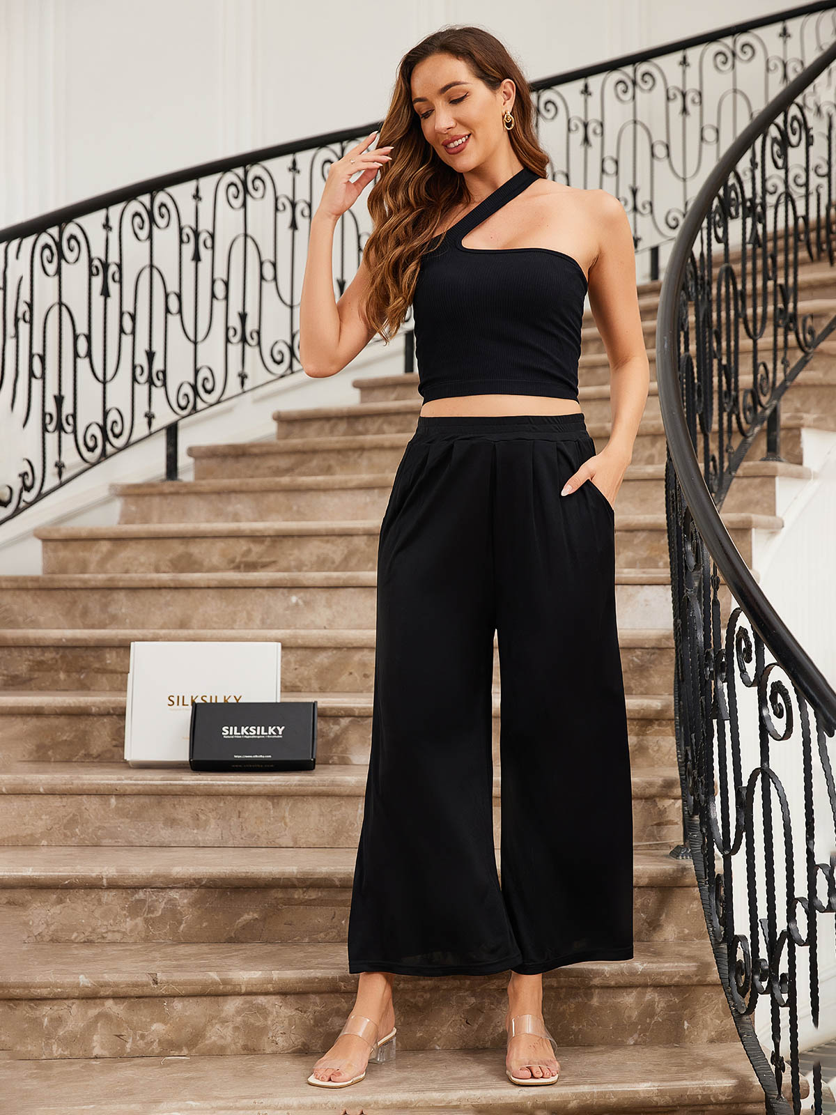 [أسود] SilkSilky-SA محبوك الحرير Womens Pants 004