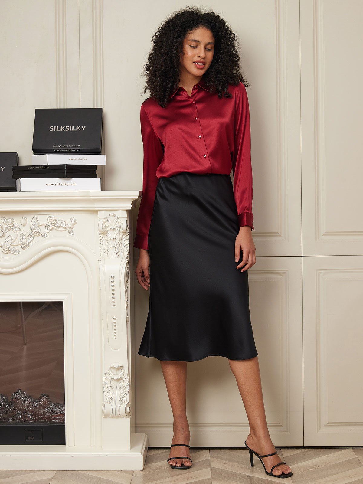 [أسود] SilkSilky-SA 19Momme الحرير الخالص Skirt 004