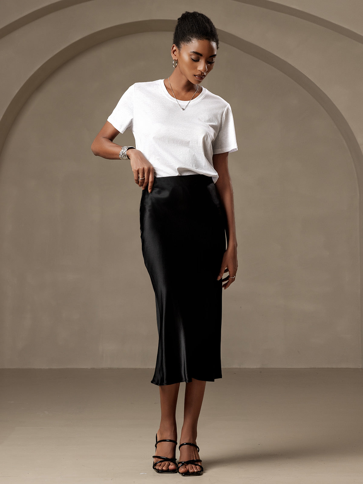 [أسود] SilkSilky-SA 19Momme الحرير الخالص Skirt 004
