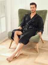 [أسود] SilkSilky-SA 19Momme الحرير الخالص الأكمام الطويلة Mens Robe 006