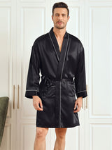 [Black] SilkSilky Pure Silk 3/4 Sleeve Mens Robe 001