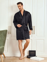 [Black] SilkSilky Pure Silk 3/4 Sleeve Mens Robe 003